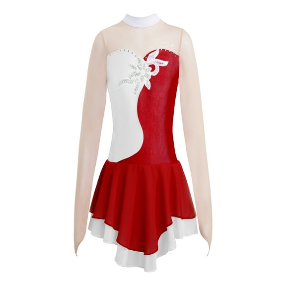 TiaoBug Girls Sequins Ballet Gym Dance Dress Skating Ruffle Irregular Hem Leotard for Stage Performance Costume