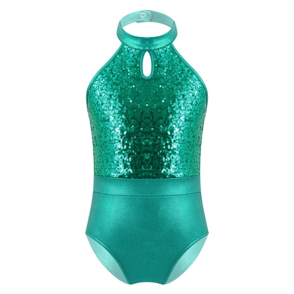 TiaoBug Girls Sequins Ballet Leotard Halter Sleeveless Gymnastics Jumpsuit 6-14 Green 8