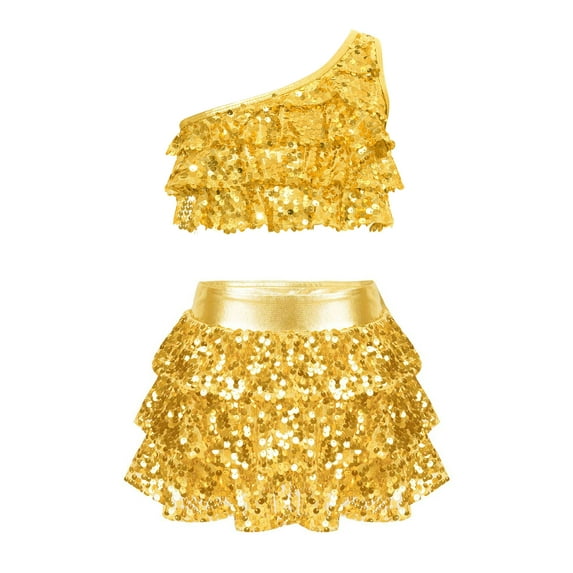 TiaoBug Girls Sequins Hip Hop Jazz Dance Dress One Shoulder Crop Top with Tiered Skirt Latin Dancewear Gold 8
