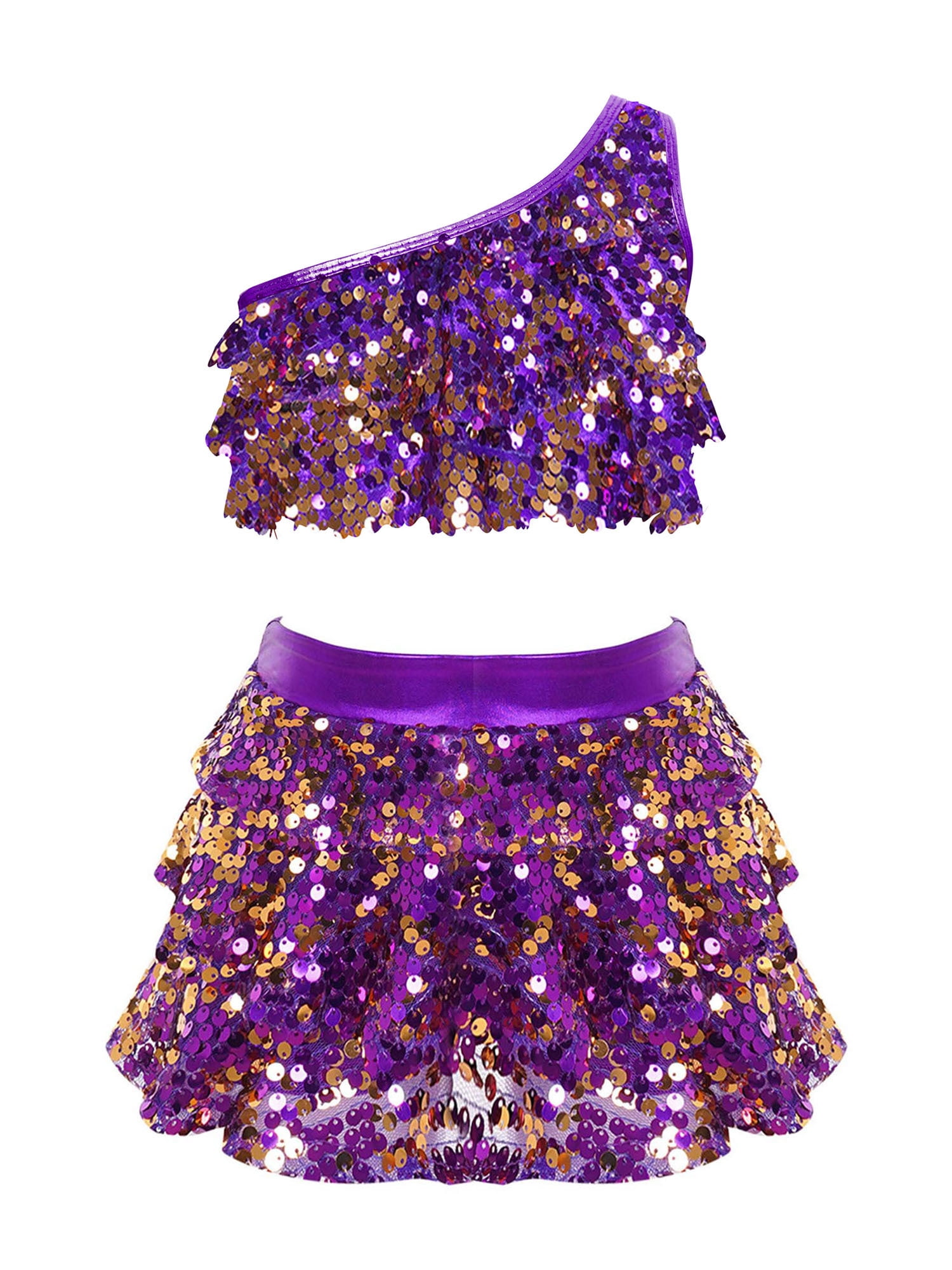 TiaoBug Girls Sequins Hip Hop Jazz Dance Costume One Shoulder Crop