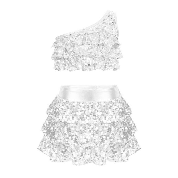 TiaoBug Girls Sequins Hip Hop Jazz Dance Costume One Shoulder Crop Top with Tiered Skirt Latin Dancewear Silver 8