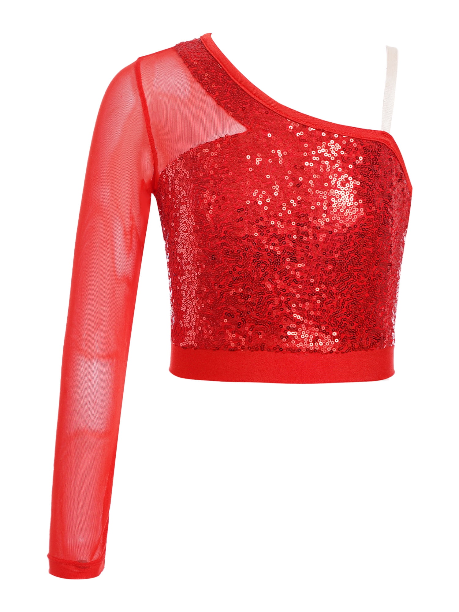 TiaoBug Girls Sequins Hip-hop Jazz Dance Top Mesh One Shoulder Crop Tees  Athletic Gym Dancewear Red 14 - Walmart.com