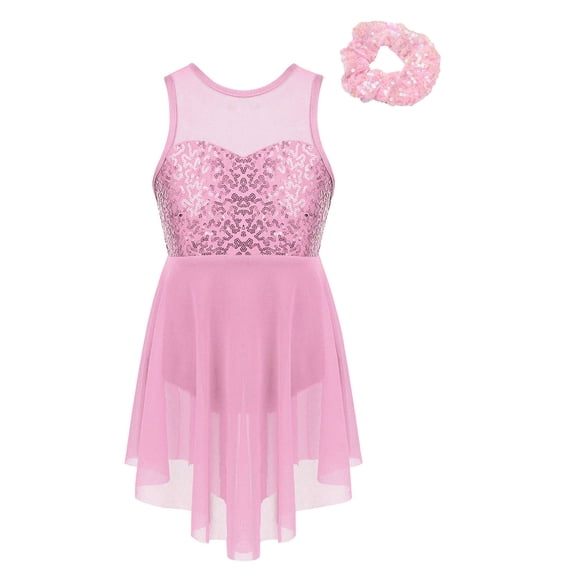 TiaoBug Girls Sequins Lyrical Dance Costume Kids Sleeveless Ballet Dance Dress Leotard with Hair Tie Pink 16