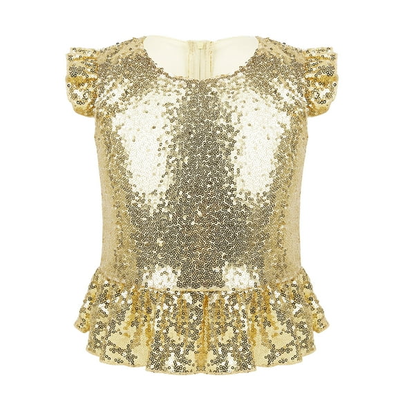 TiaoBug Girls Sequins Ruffled Sleeves Tee Shirt Modern Jazz Dance Crop Top Mermaid Party Costume Gold 6