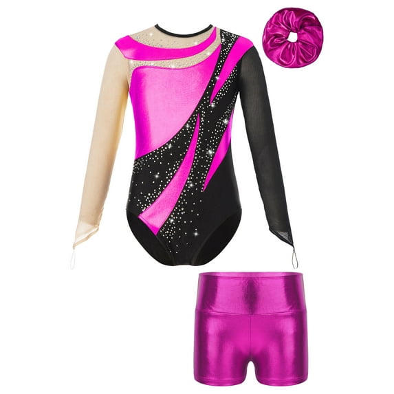 TiaoBug Girls Shiny Diamond Mesh Long Sleeve Ballet Dance Bodysuit Gymnastics Leotard with Metallic Hot Pink 12