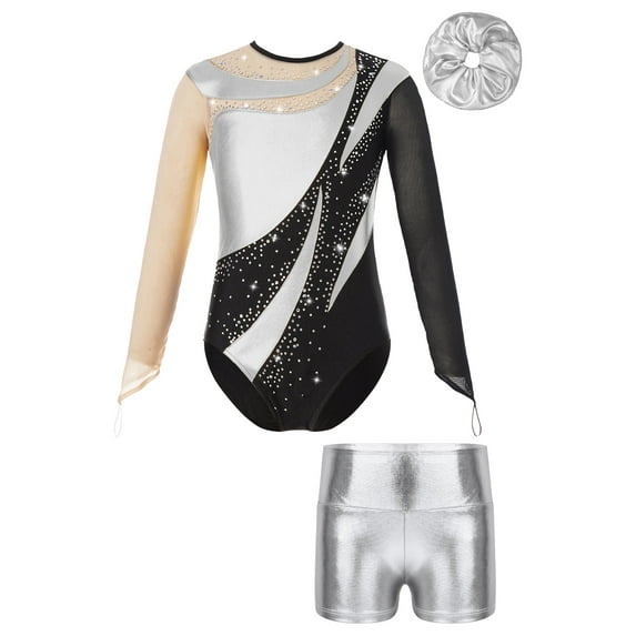 TiaoBug Girls Shiny Diamond Mesh Long Sleeve Ballet Dance Bodysuit Gymnastics Leotard with Metallic Silver 6