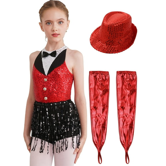 TiaoBug Girls Shiny Hollow Back Latin Salsa Ballet Fringe Tassel Dress with Gloves Hat Set Dancewear Red 16