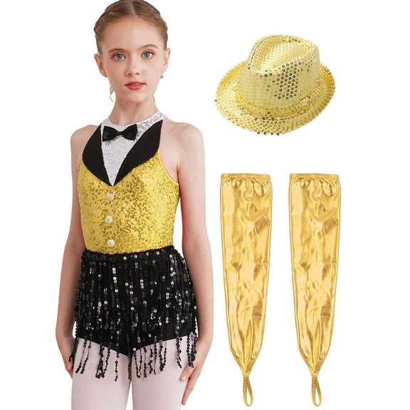 TiaoBug Girls Shiny Hollow Back Latin Salsa Ballet Fringe Tassel Dress with Gloves Hat Set Dancewear Yellow 16