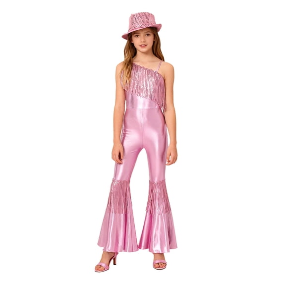 TiaoBug Girls Shiny Metallic Fringe Jumpsuit Bell Bottom Pants Romper Disco Dance Outfit with Sequin Hat Pink 10