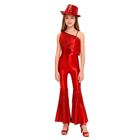 TiaoBug Girls Shiny Metallic Fringe Jumpsuit Bell Bottom Pants Romper Disco Dance Outfit with Sequin Hat Red 6