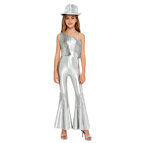 TiaoBug Girls Shiny Metallic Fringe Jumpsuit Bell Bottom Pants Romper Disco Dance Outfit with Sequin Hat Silver 12