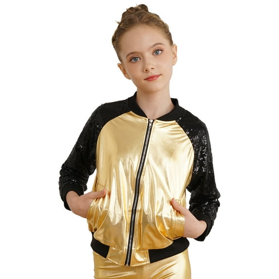 TiaoBug Girls Shiny Metallic Long Sleeve Bomber Jacket Kids Flight Zipper Jacket Coat Outerwear Gold 16
