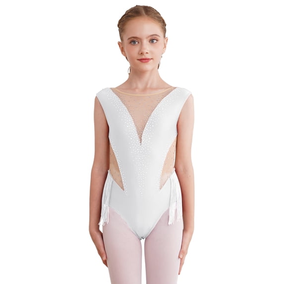 TiaoBug Girls Shiny Rhinestone Gymnastics Ballet Dance Leotard Mesh Tassel Bodysuit Figure Ice Skating Jumpsuit White 8