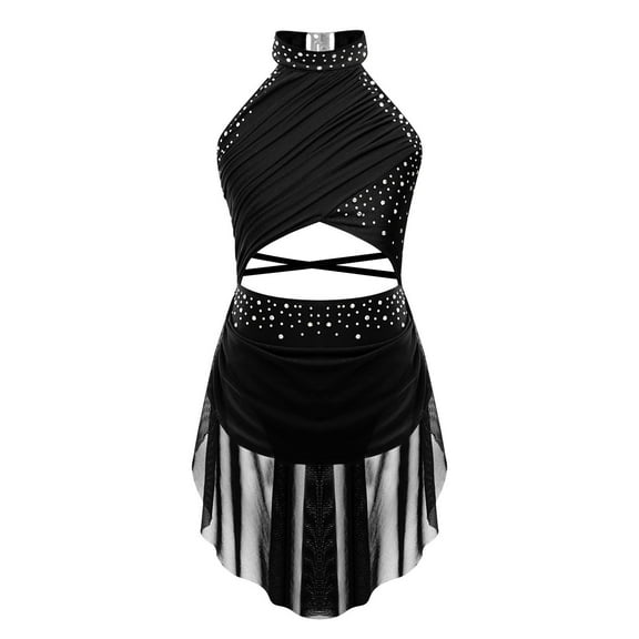 TiaoBug Girls Shiny Rhinestone Latin Jazz Dance Dress Salsa Cha-Cha Rumba Dance Leotard Costume Black 12