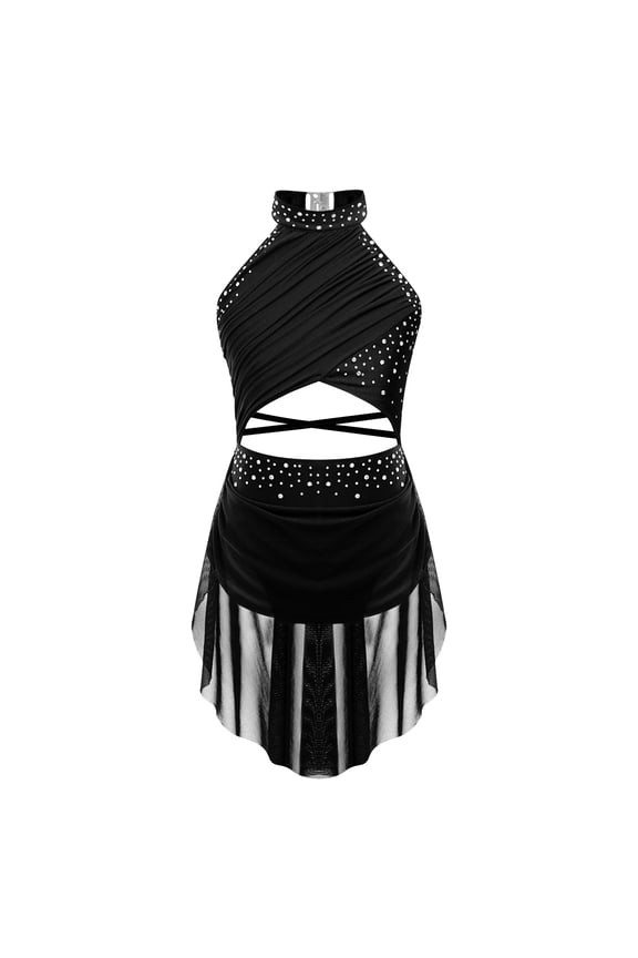 Girls Shiny Rhinestone Latin Jazz Dance Dress Salsa Cha-Cha Rumba Dance Leotard Costume Black 12