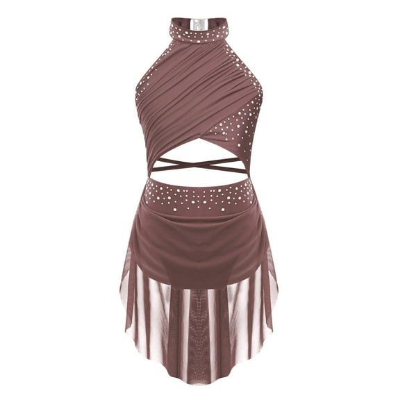 TiaoBug Girls Shiny Rhinestone Latin Jazz Dance Dress Salsa Cha-Cha Rumba Dance Leotard Costume Dusty Pink 12