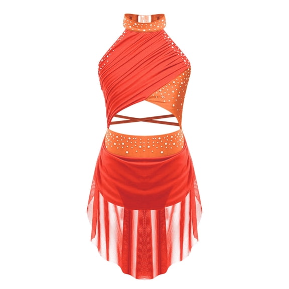 TiaoBug Girls Shiny Rhinestone Latin Jazz Dance Dress Salsa Cha-Cha Rumba Dance Leotard Costume Fluorescent Orange 6
