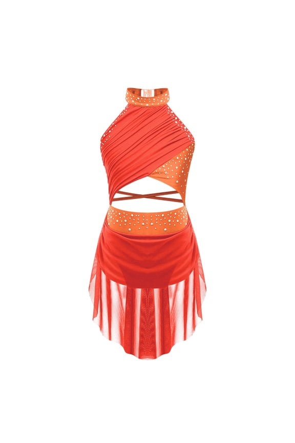 Girls Shiny Rhinestone Latin Jazz Dance Dress Salsa Cha-Cha Rumba Dance Leotard Costume Fluorescent Orange 6