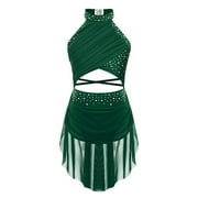 TiaoBug Girls Shiny Rhinestone Latin Jazz Dance Dress Salsa Cha-Cha Rumba Dance Leotard Costume Green 10