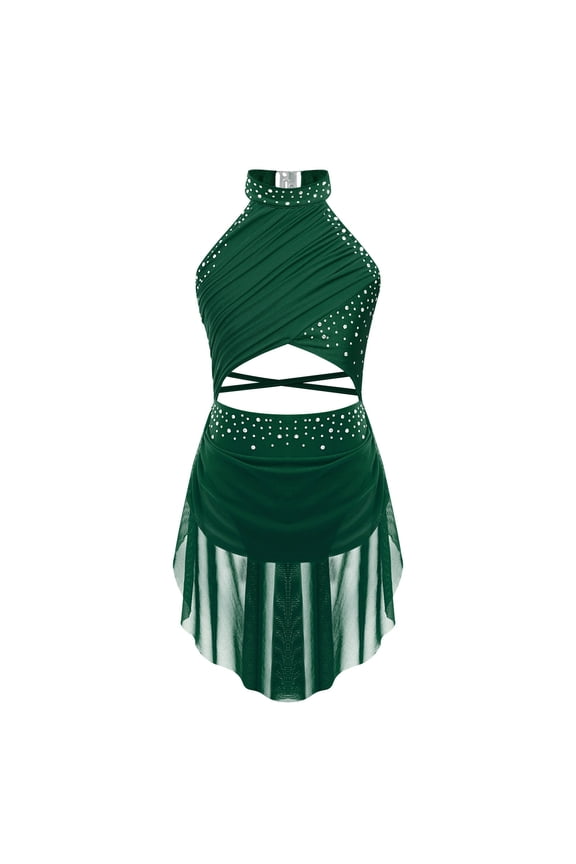 Girls Shiny Rhinestone Latin Jazz Dance Dress Salsa Cha-Cha Rumba Dance Leotard Costume Green 6