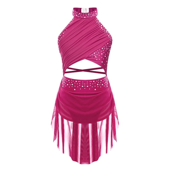 TiaoBug Girls Shiny Rhinestone Latin Jazz Dance Dress Salsa Cha-Cha Rumba Dance Leotard Costume Hot Pink 6