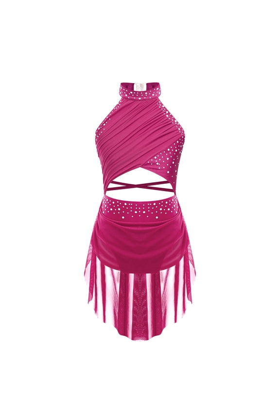 Girls Shiny Rhinestone Latin Jazz Dance Dress Salsa Cha-Cha Rumba Dance Leotard Costume Hot Pink 6