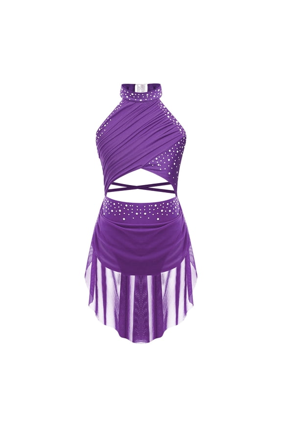 Girls Shiny Rhinestone Latin Jazz Dance Dress Salsa Cha-Cha Rumba Dance Leotard Costume Purple 12