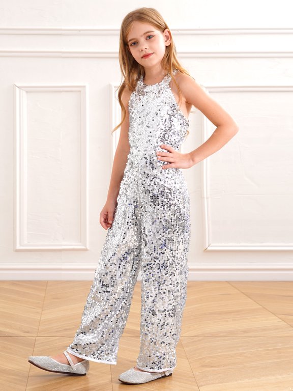 Girls Shiny Sequin One Piece Jumpsuit Halter Princess Pageant Birthday Cocktail Party Sleeveless Romper Silver 6