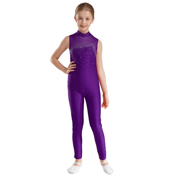 TiaoBug Girls Sleeveless Gymnastics Leotard Rhinestone Mesh Patchwork Figure Skating Jumpsuit Unitard Purple 10