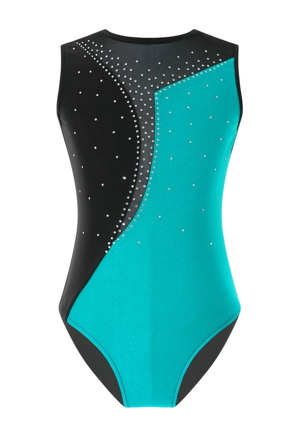 Girls Sleeveless Gymnastics Leotard Sparkly Ballet Dancewear Athletic Bodysuit Top Yoga Workout Unitard Blue Green 10