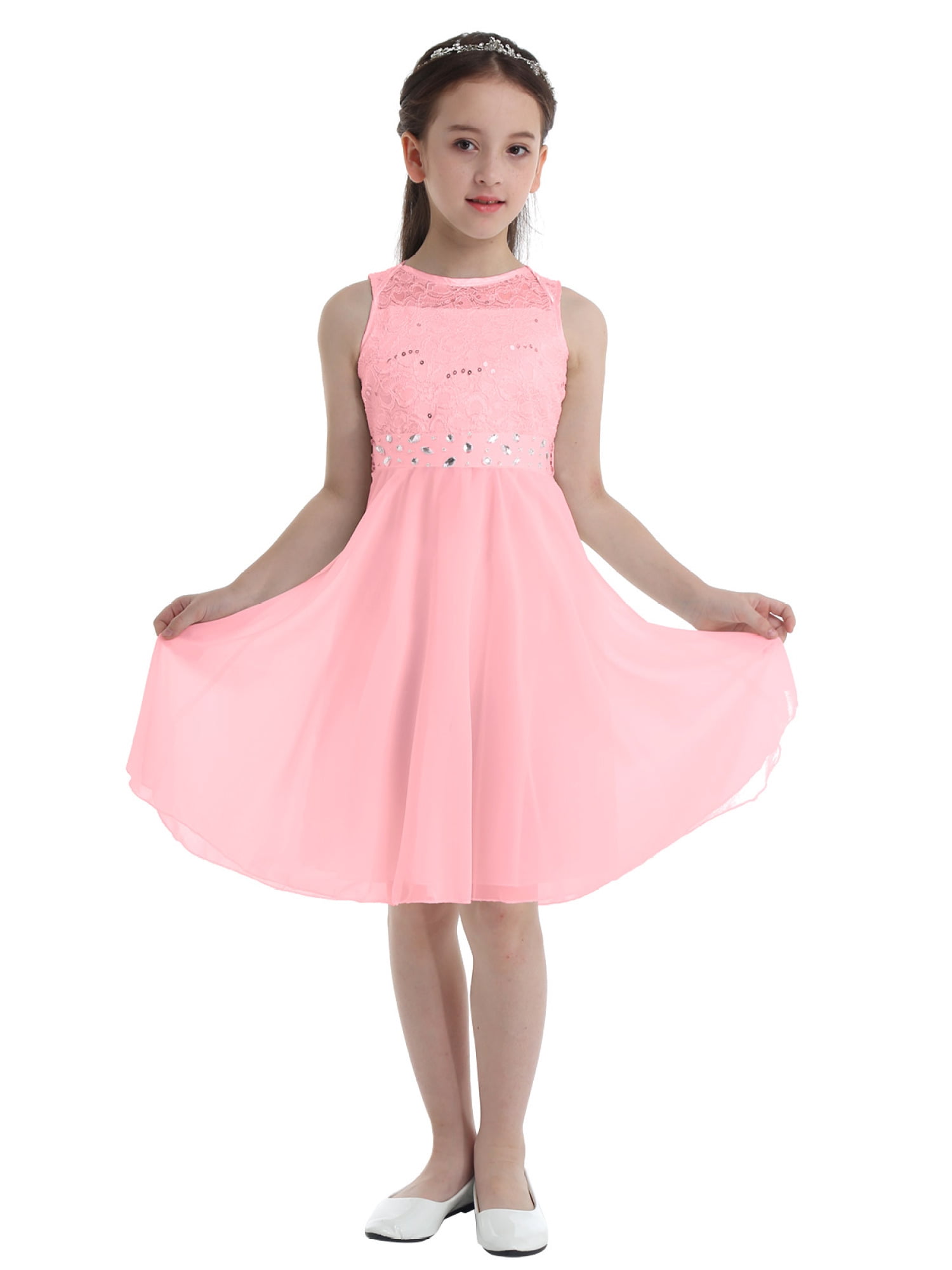 Girls Floral Neckline A-Line Casual Dress with Waist Tie fe3478