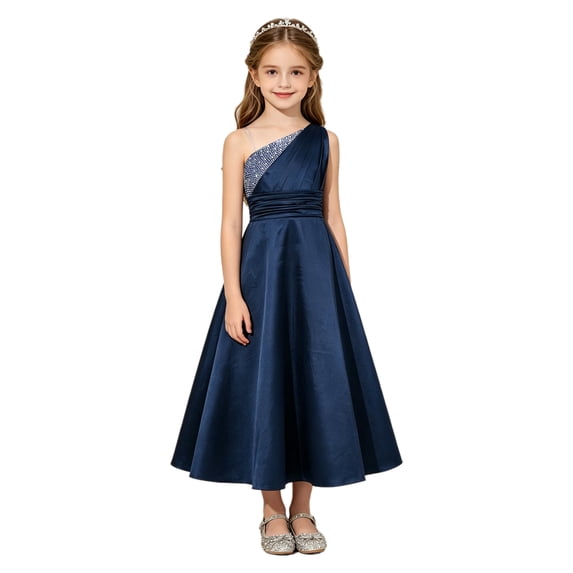 TiaoBug Girls' Sleeveless One Shoulder Rhinestone Satin Long Dress for Wedding Party Pageant Gown Navy Blue 14