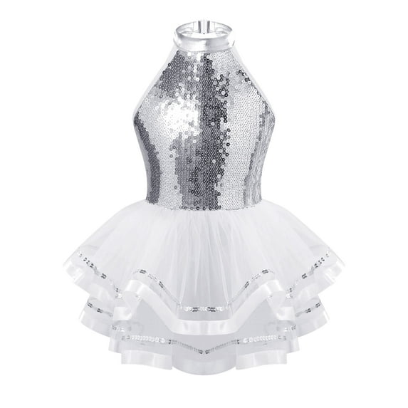 TiaoBug Girls Sleeveless Shiny Seuqins Jazz Tutu Dress mesh Ballet Dance Leotard Halter Latin Dancewear White 4
