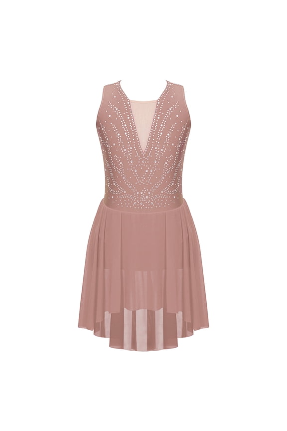 Girls Sleeveless Strappy Back Ice Figure Skating Dress Gymnastics Competition Dance Costume Dusty Pink 6