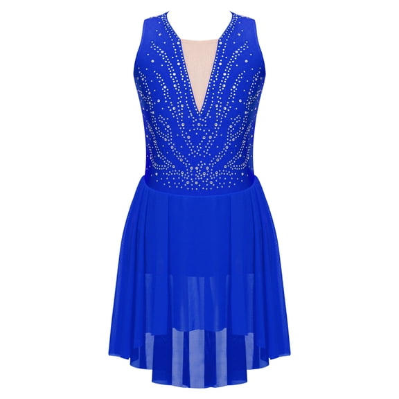 TiaoBug Girls Sleeveless Strappy Back Ice Figure Skating Dress Gymnastics Competition Dance Costume Royal Blue 6