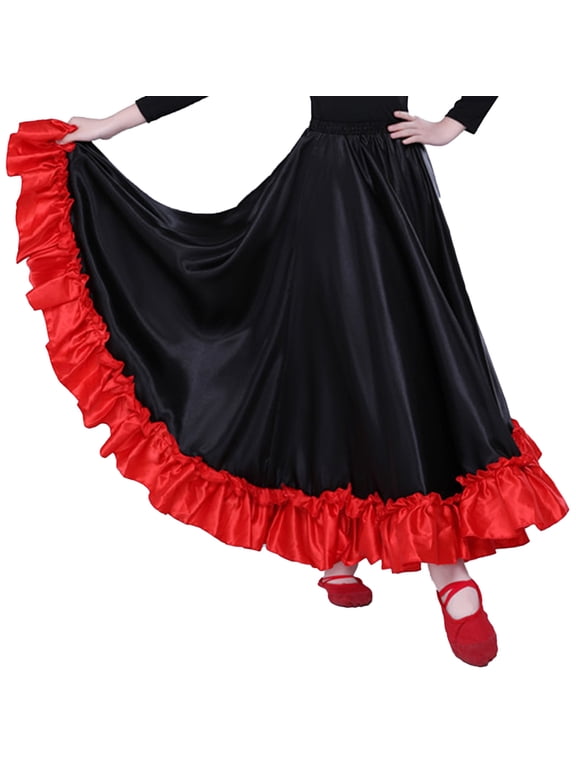 Girls Spanish Flamenco Bull Dance Skirt Kids Belly Lyrical Dancing Performance Swing Skirts Black 6-7