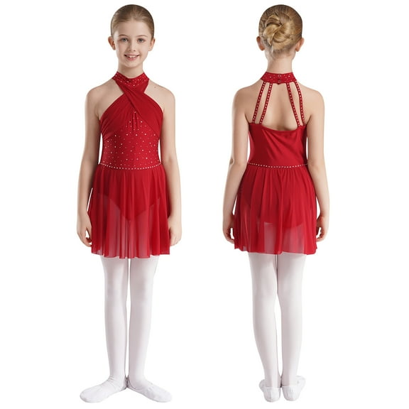 TiaoBug Girls Sparkle Ballet Lyrical Dance Costume Modern Contemporary Ballroom Dance Leotard Dress Burgundy 6
