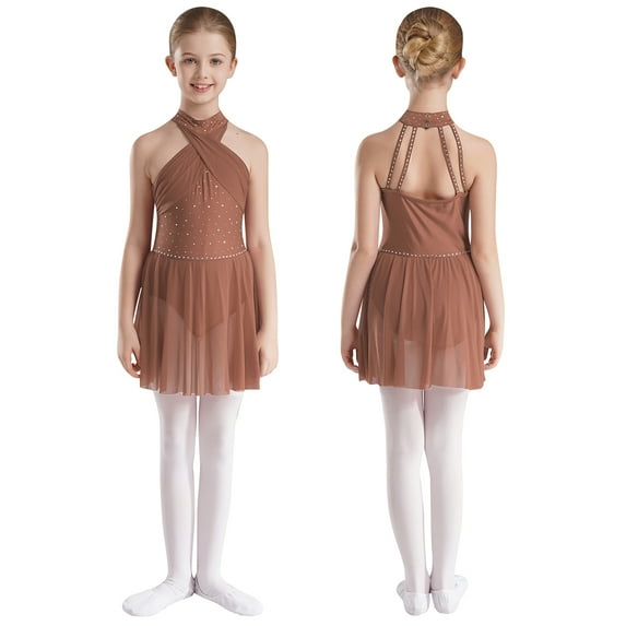 TiaoBug Girls Sparkle Ballet Lyrical Dance Costume Modern Contemporary Ballroom Dance Leotard Dress Dusty Pink 8