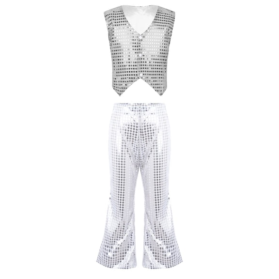 TiaoBug Girls Sparkle Hip Hop Jazz Disco Dance Party Costume Waistcoat Vest Tops with Flared Pants Set Silver 8-9