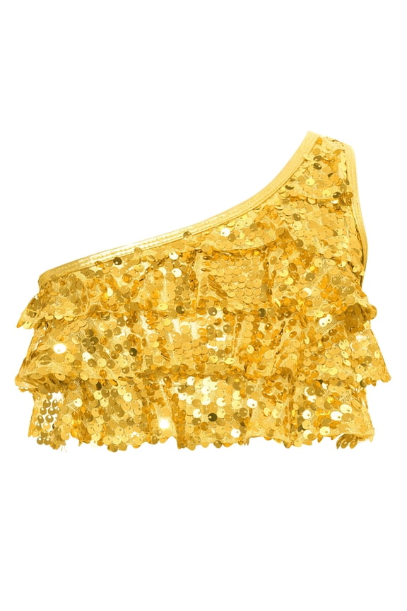 Girls Sparkle Sequins Hip Hop Jazz Dance Crop Tops Kids Metallic One Shoulder Vest Top Gold 16