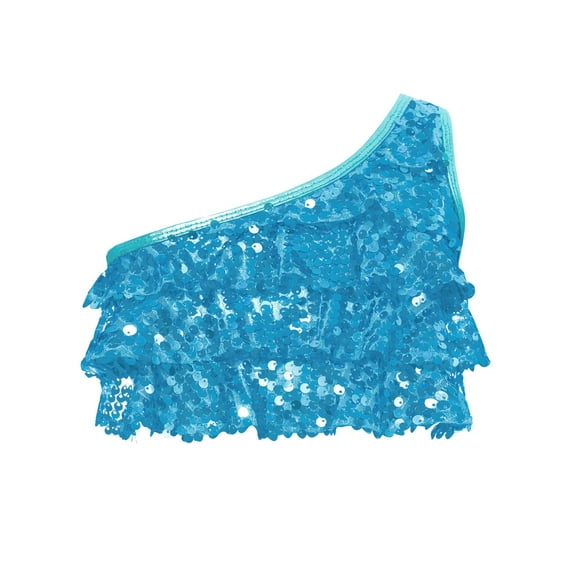 TiaoBug Girls Sparkle Sequins Hip Hop Jazz Dance Crop Tops Kids Metallic One Shoulder Vest Top Light Blue 12