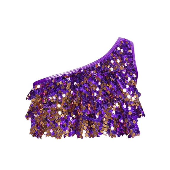 TiaoBug Girls Sparkle Sequins Hip Hop Jazz Dance Crop Tops Kids Metallic One Shoulder Vest Top Purple 4