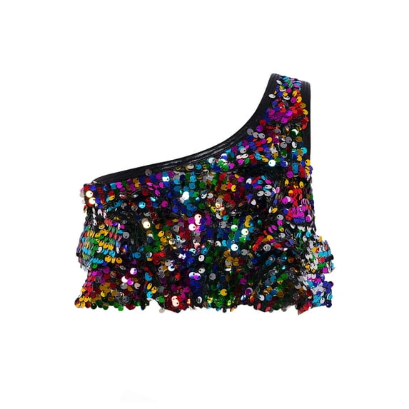 TiaoBug Girls Sparkle Sequins Hip Hop Jazz Dance Shirt Cropped Tank Top Kids Metallic One Shoulder Crop Top Colorful 16