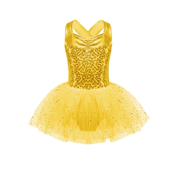 TiaoBug Girls Sparkly Ballet Dance Dress Sleeveless Leotard Tutu Skirt Latin Jazz Dance Dress Gold 6