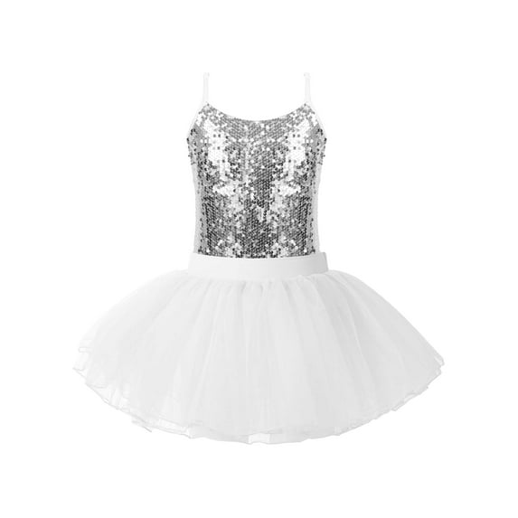 TiaoBug Girls Ballet Dance Tops with Mesh Layered Tutu Skirt Sequin Camisole Ballerina Outfits White 16
