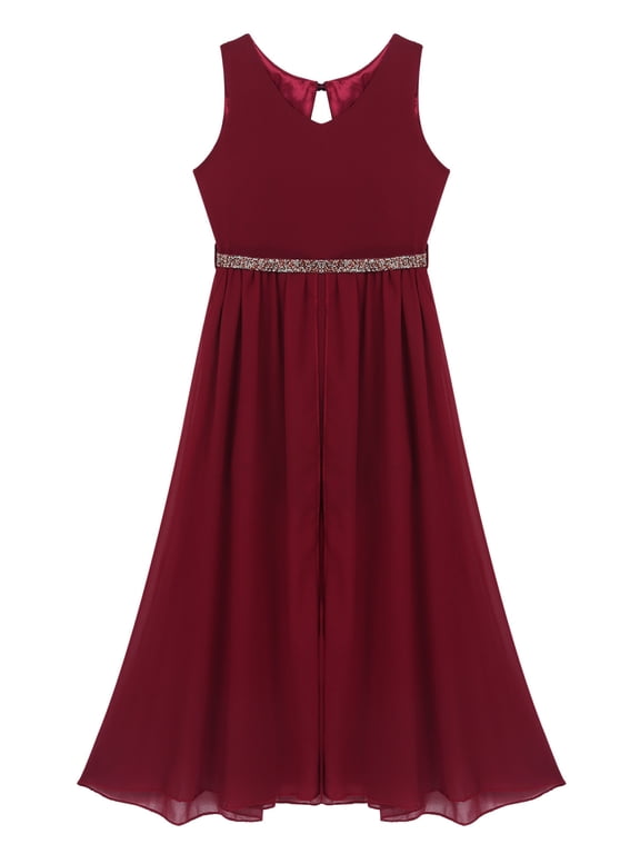 Girls' V Neck Sleeveless Party Romper Dress Formal Dance Wedding Maxi Ball Gown with Rhinestone Belt