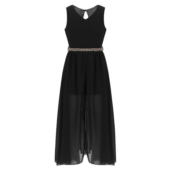 TiaoBug Girls' V Neck Sleeveless Party Romper Dress Formal Dance Wedding Maxi Ball Gown with Rhinestone Belt