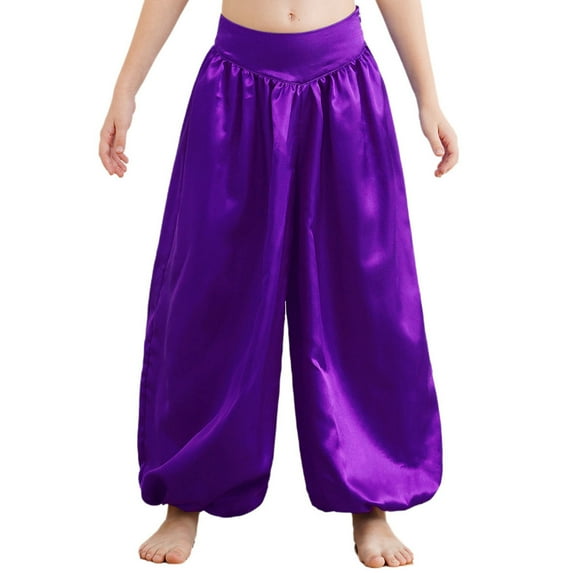 TiaoBug Girls Wide-Leg Bloomer Palazzo Pants Dancewear Belly Dance Bottoms Tribal Arabic Trousers Purple 10