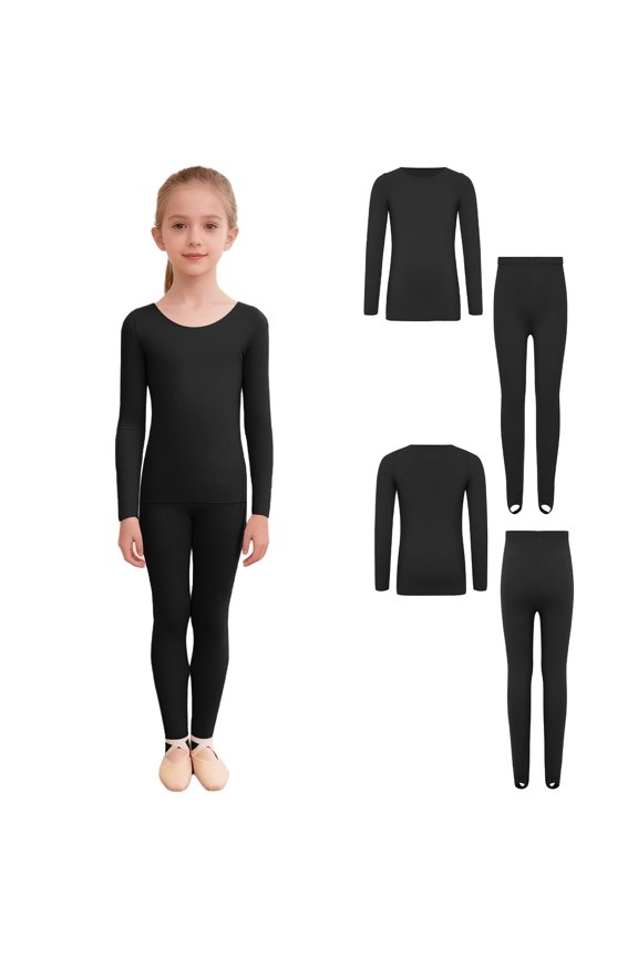 Girls Winter Base Layer Underwear Thermal Set for Ballet Dance Practice Shirt Top with Stirrup Leggings B Black L