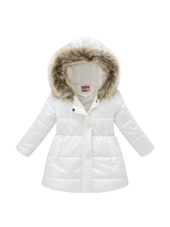 Girls Winter Warm Outerwear Down-Alternative Puffer Hooded Jacket Coat with Faux Fur Trim White 5-6